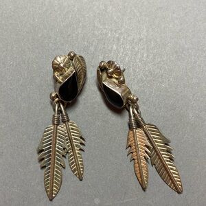 Vintage Mexico onyx sterling silver feather dangle statement earrings